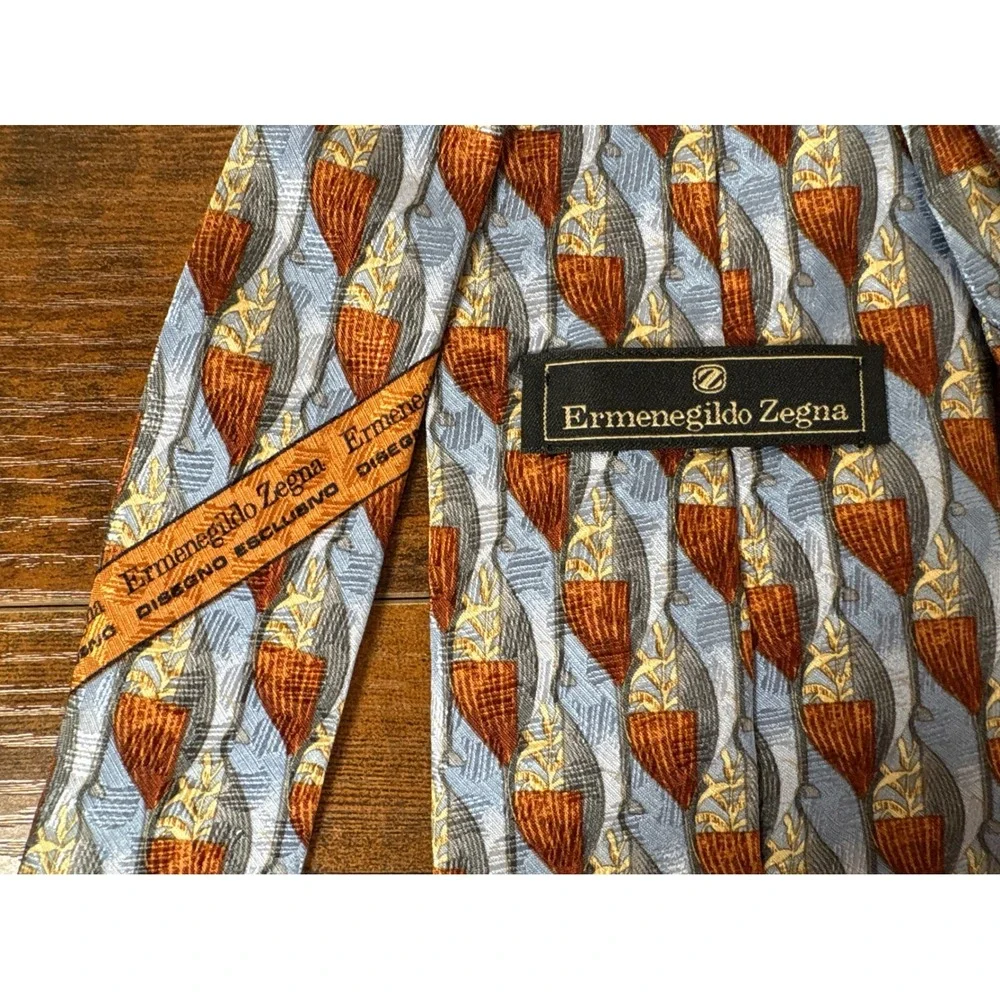 Ermenegildo Zegna‎ Men Blue Copper Geometric Silk Tie Made in Italy Disegno Escl